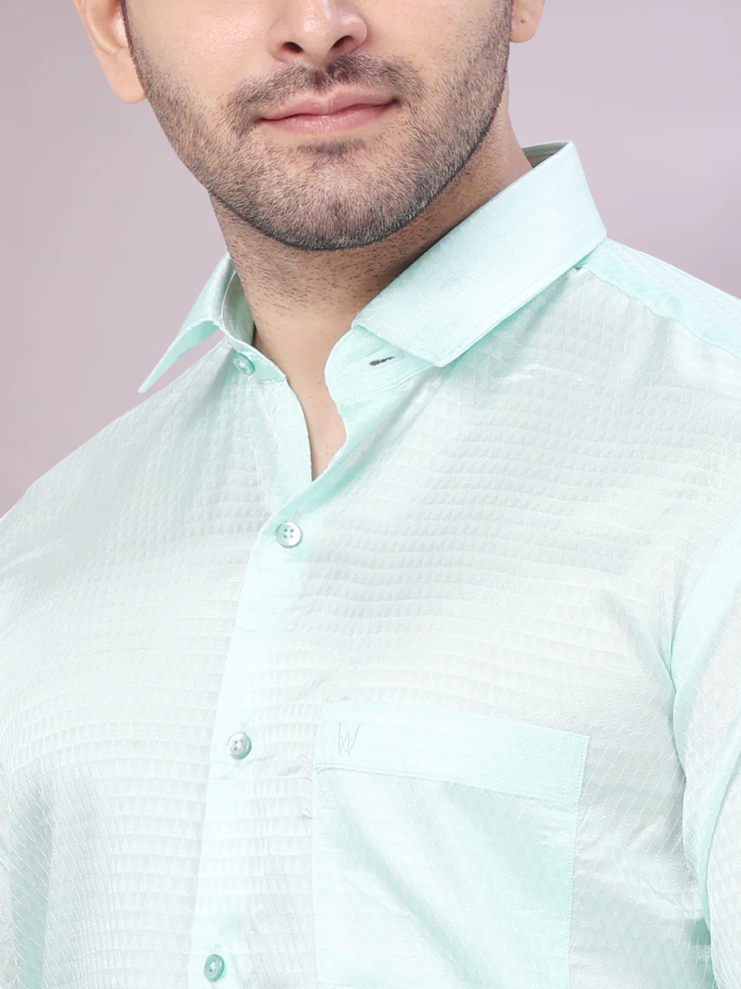 Mens Art Silk Mint Full Sleeves Shirt with 2 1/2" Copper Jari Border Dhoti Combo Nautica - Image 4