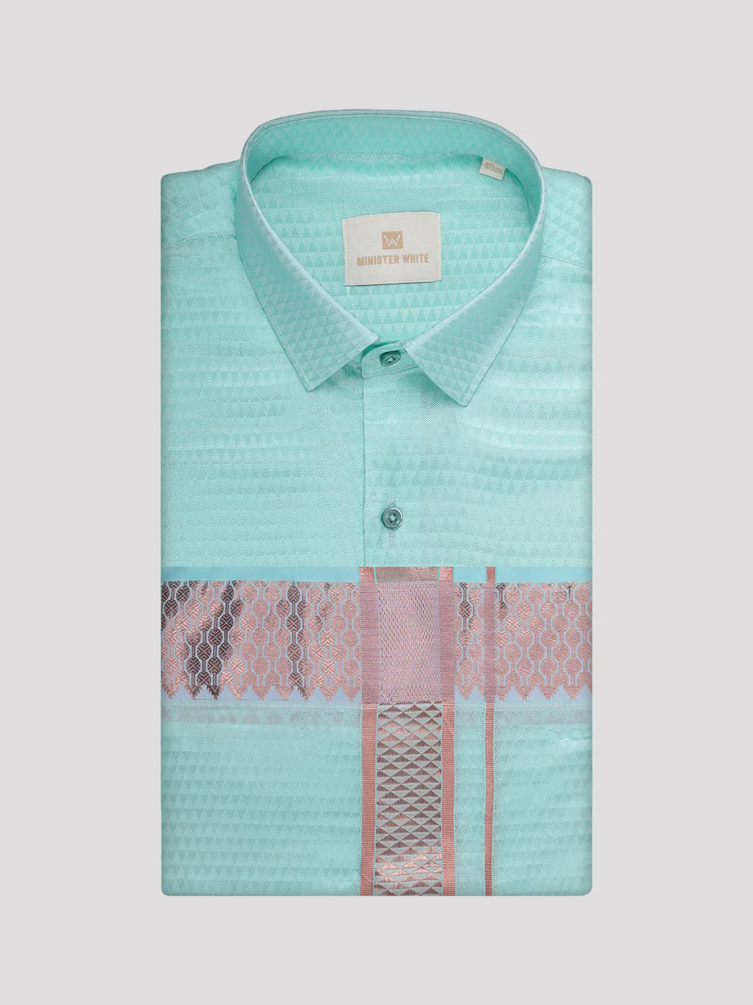 Mens Art Silk Mint Full Sleeves Shirt with 2 1/2" Copper Jari Border Dhoti Combo Nautica - Image 7