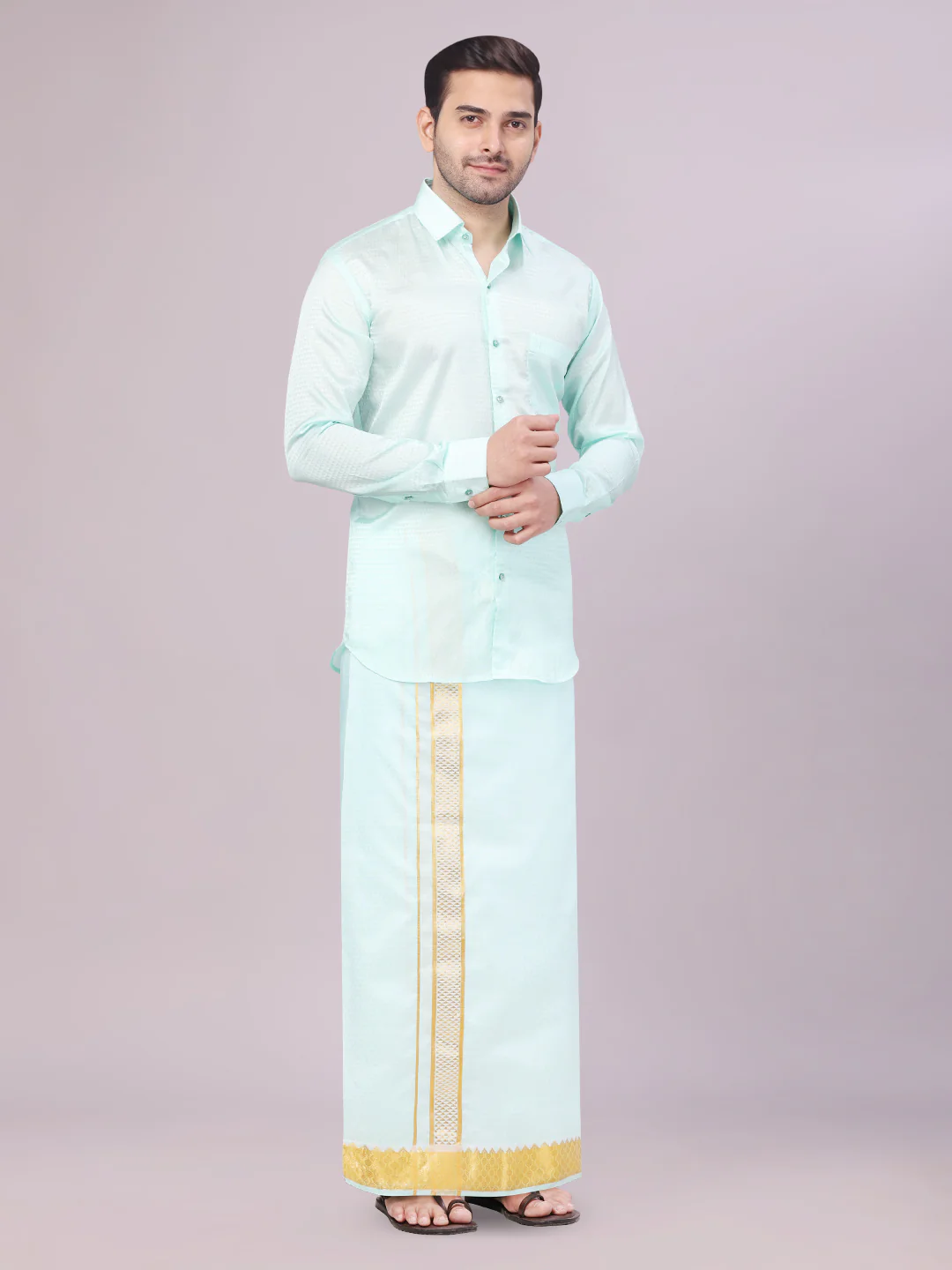 Mens Art Silk Mint Full Sleeves Shirt with 2 1/2" Gold Jari Border Dhoti Combo Nautica - Image 2