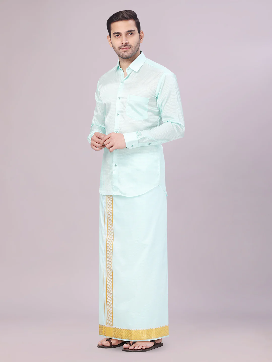 Mens Art Silk Mint Full Sleeves Shirt with 2 1/2" Gold Jari Border Dhoti Combo Nautica - Image 3