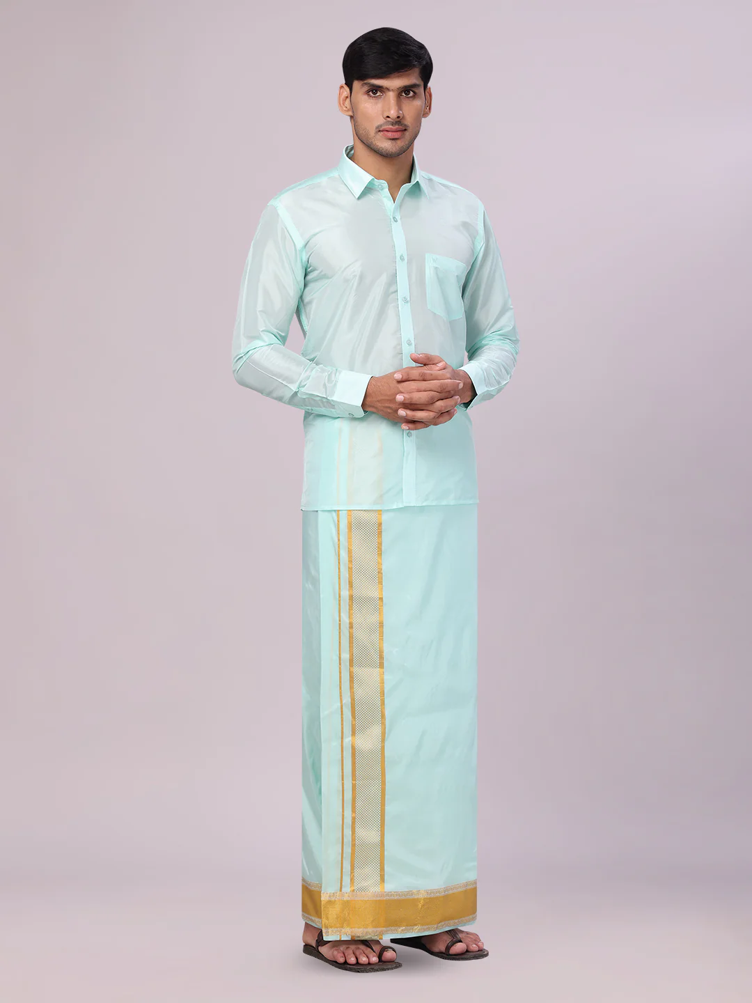 Mens Art Silk Mint Gold Full Sleeves Shirt with 3 1/2" Gold Jari Border Dhoti Combo Mangal - Image 2