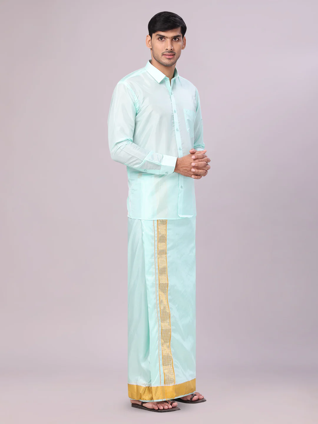 Mens Art Silk Mint Gold Full Sleeves Shirt with 3" Gold Jari Border Dhoti Combo Mangal