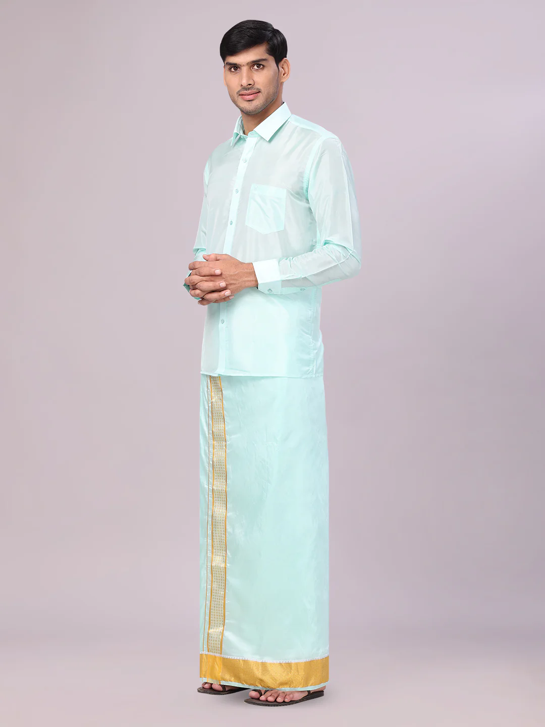 Mens Art Silk Mint Gold Full Sleeves Shirt with 3" Gold Jari Border Dhoti Combo Mangal - Image 2