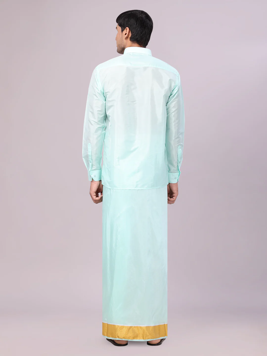 Mens Art Silk Mint Gold Full Sleeves Shirt with 3" Gold Jari Border Dhoti Combo Mangal - Image 3