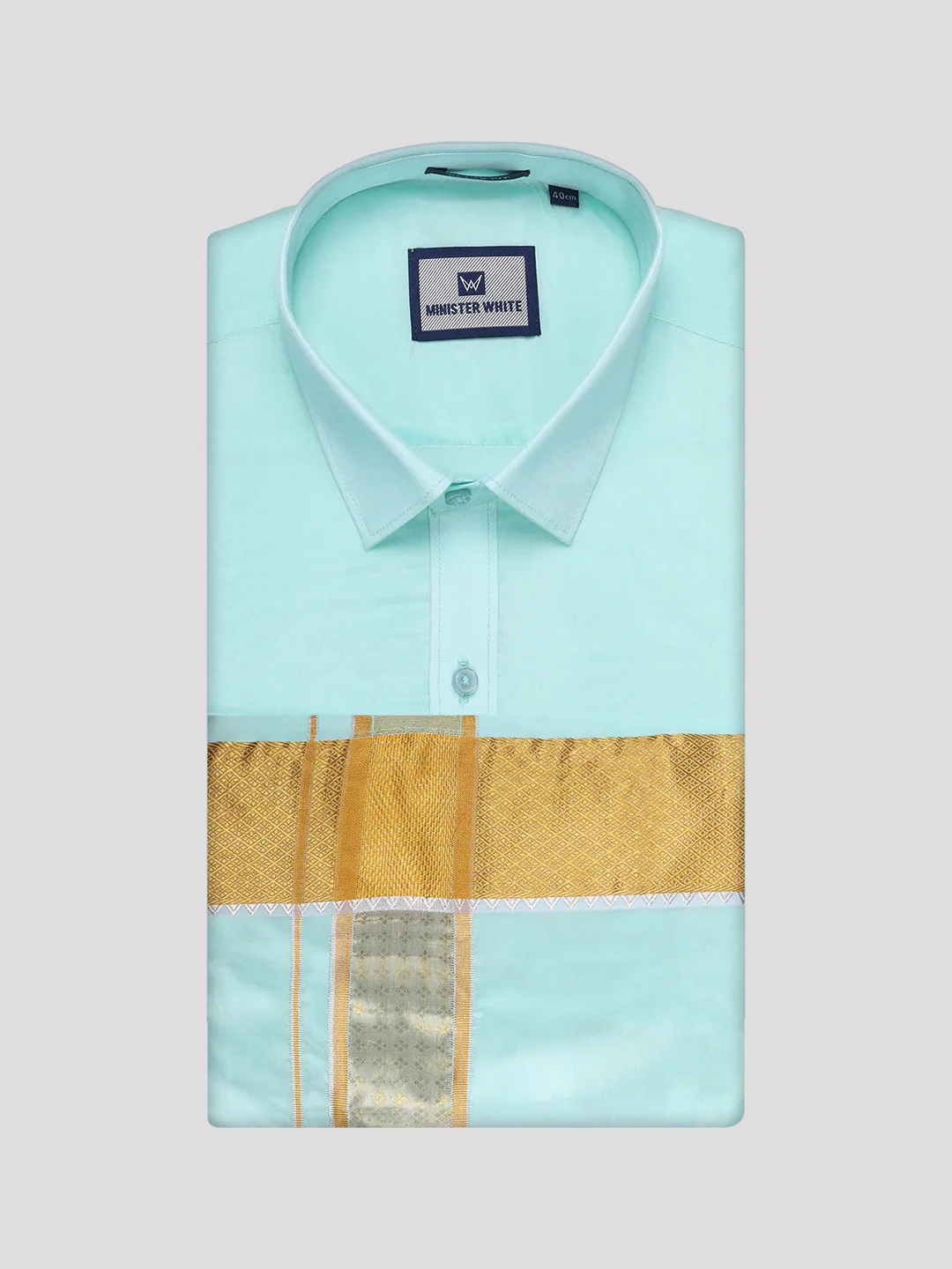 Mens Art Silk Mint Gold Full Sleeves Shirt with 3" Gold Jari Border Dhoti Combo Mangal - Image 4