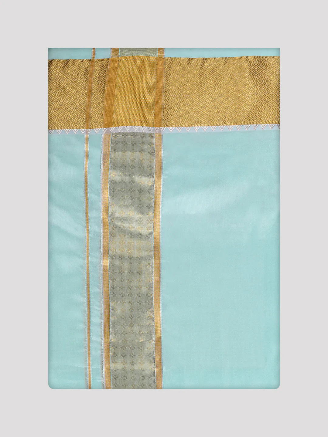 Mens Art Silk Mint Gold Full Sleeves Shirt with 3" Gold Jari Border Dhoti Combo Mangal - Image 6