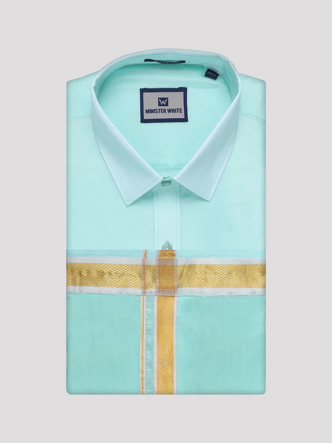 Mens Art Silk Mint Leaf Full Sleeves Shirt with Gold Jari Border Dhoti Combo Finesse - Image 7