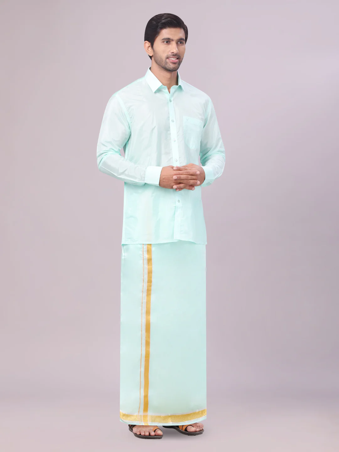 Mens Art Silk Mint Leaf Full Sleeves Shirt with Gold Jari Border Flexi Dhoti Combo Finesse - Image 3
