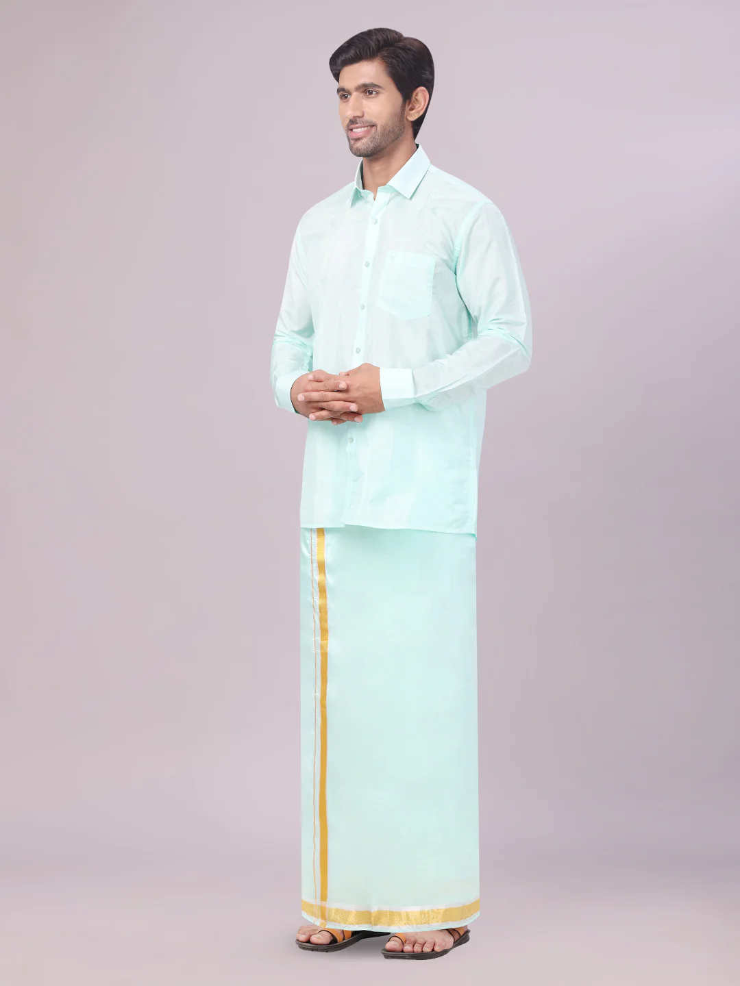 Mens Art Silk Mint Leaf Full Sleeves Shirt with Gold Jari Border Flexi Dhoti Combo Finesse - Image 4