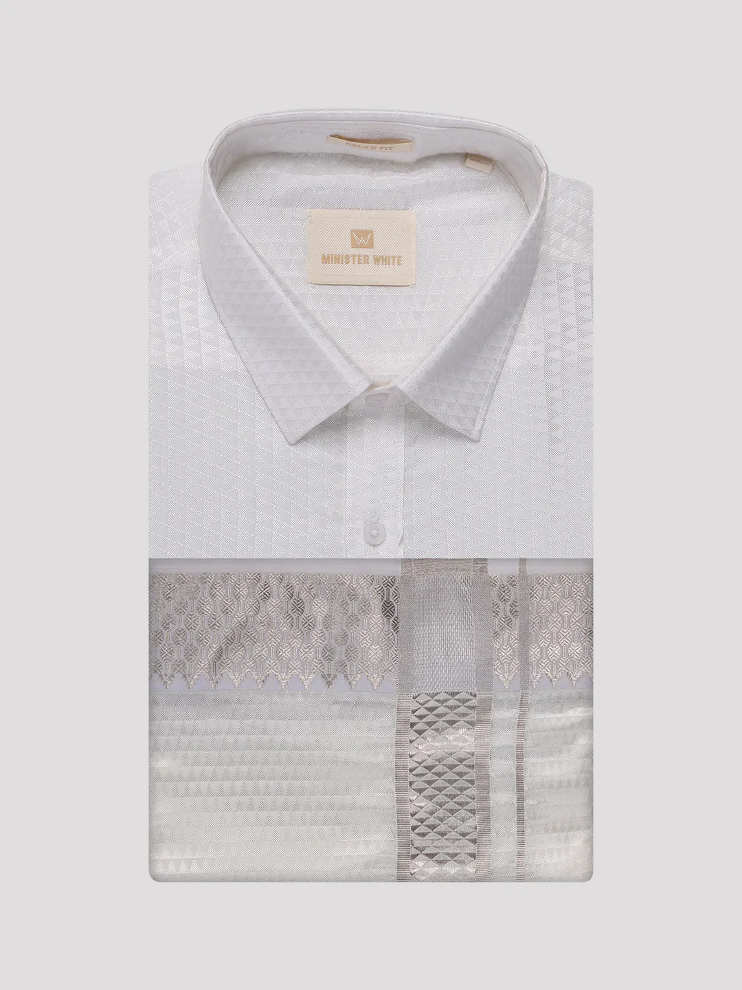 Men's Art Silk Off White Full Sleeves Shirt with 2 1/2" Silver Jari Border Dhoti Combo Nautica - Image 7