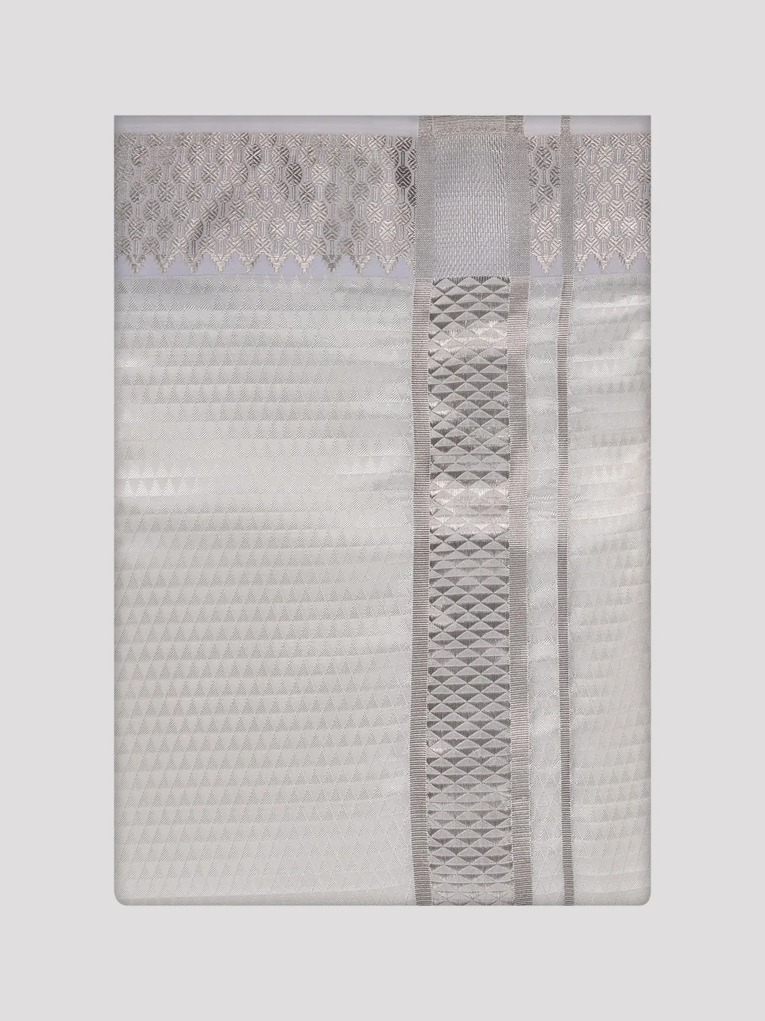 Men's Art Silk Off White Full Sleeves Shirt with 2 1/2" Silver Jari Border Dhoti Combo Nautica - Image 9