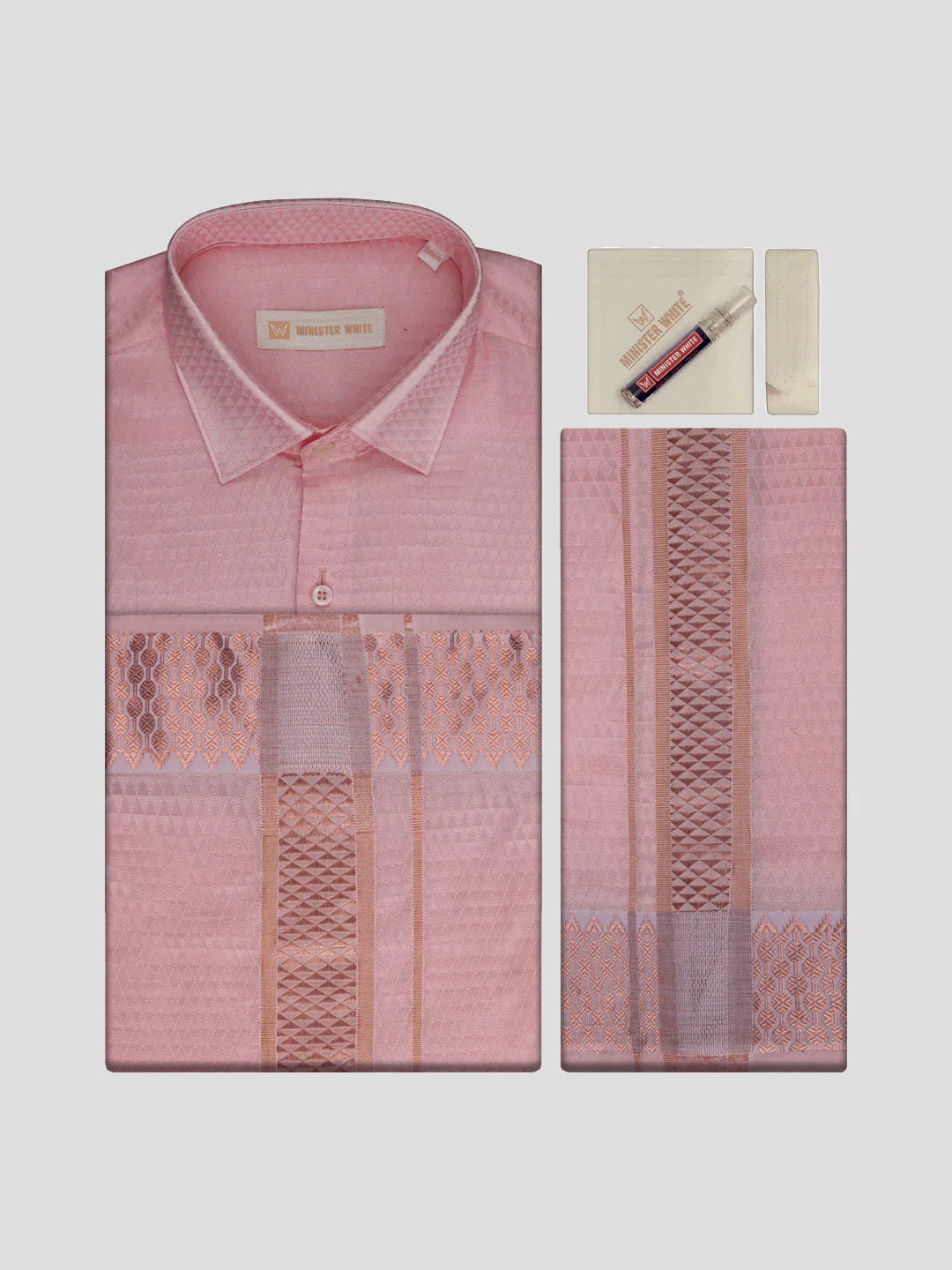 Men's Art Silk Pink Jacquard Full Sleeves Shirt with 2 1/2" Copper Jari Border Dhoti & Towel Combo Nautica