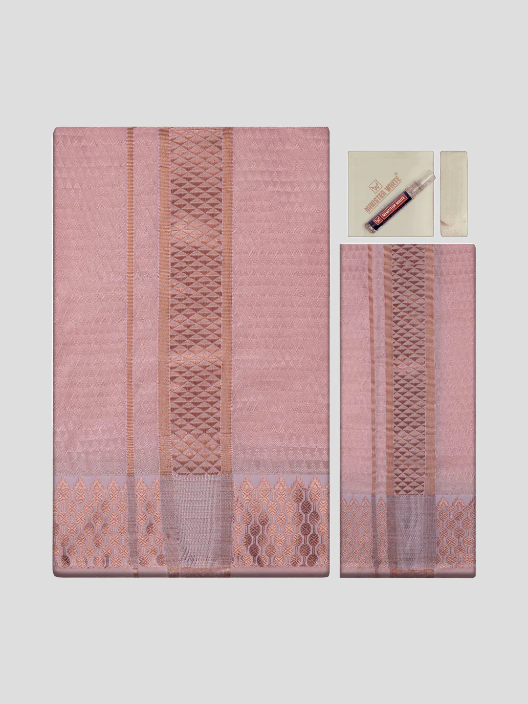 Men's Art Silk Pink Jacquard Full Sleeves Shirt with 2 1/2" Copper Jari Border Dhoti & Towel Combo Nautica - Image 2