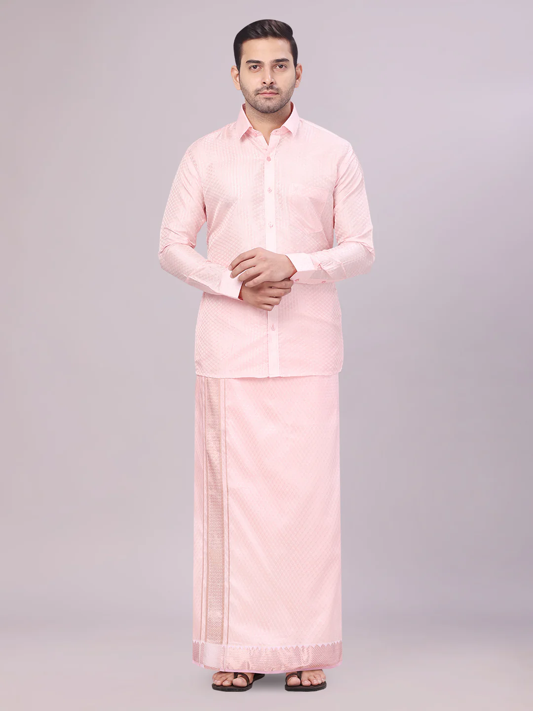 Men's Art Silk Pink Jacquard Full Sleeves Shirt with 2 1/2" Jari Border Dhoti & Towel Combo Nautica - Image 2