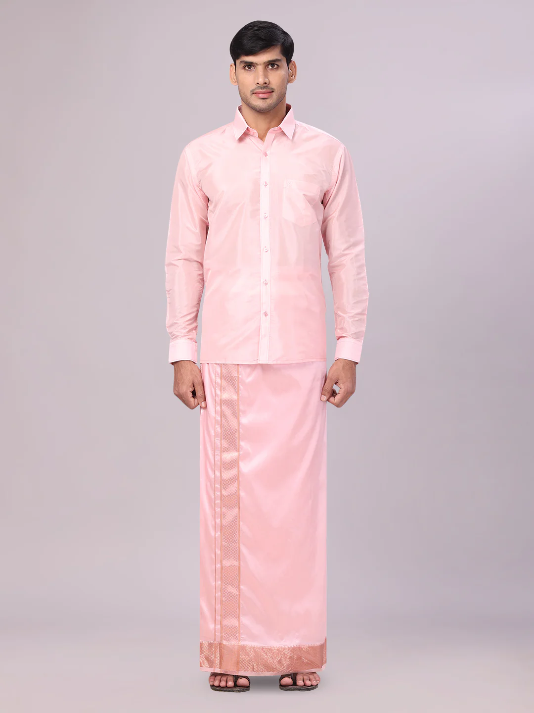 Mens Art Silk Pink Full Sleeves Shirt with 3" Lt.Copper Jari Border Dhoti Combo Mangal