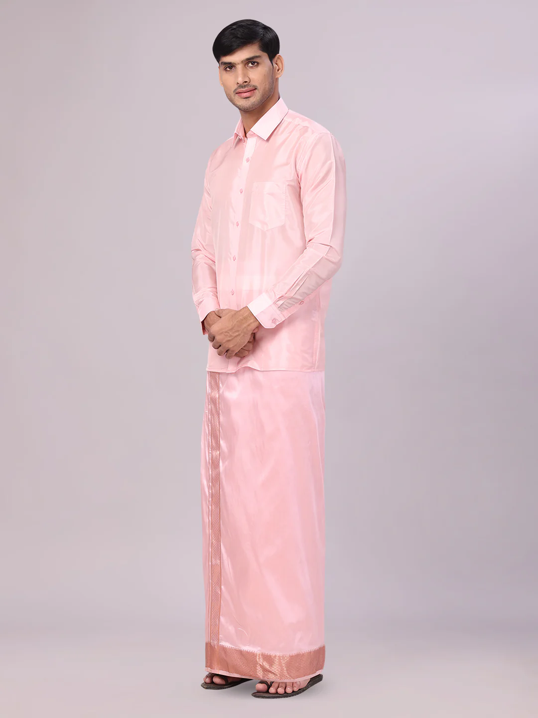 Mens Art Silk Pink Full Sleeves Shirt with 3" Lt.Copper Jari Border Dhoti Combo Mangal - Image 3