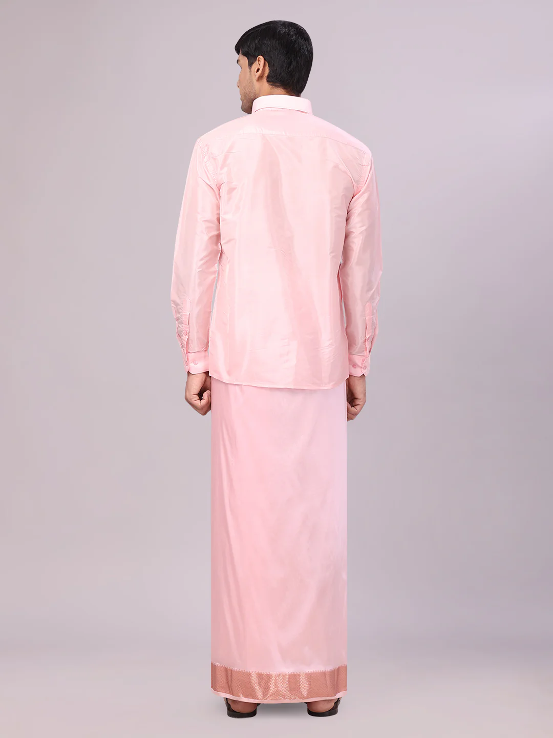 Mens Art Silk Pink Full Sleeves Shirt with 3" Lt.Copper Jari Border Dhoti Combo Mangal - Image 4