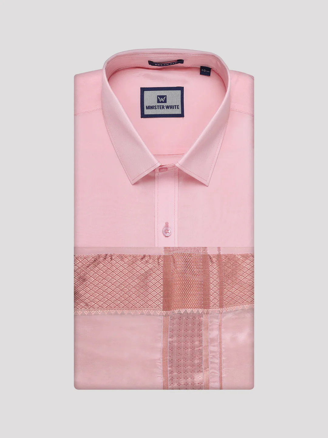 Mens Art Silk Pink Full Sleeves Shirt with 3" Lt.Copper Jari Border Dhoti Combo Mangal - Image 5