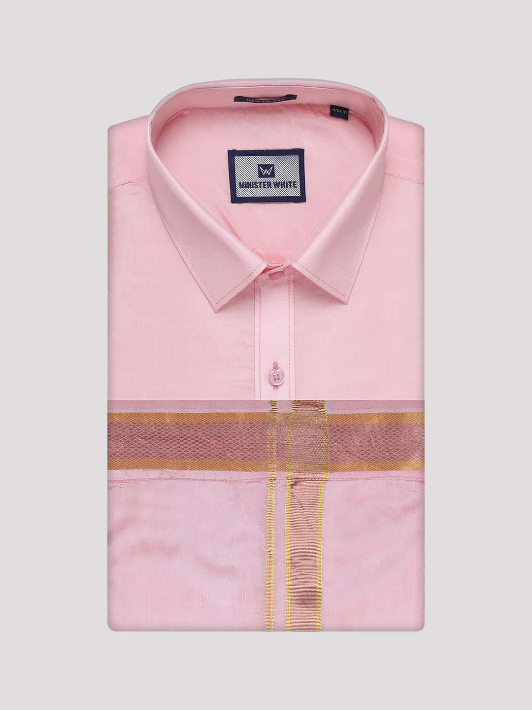 Mens Art Silk Pink Full Sleeves Shirt with Copper Jari Border Dhoti Combo Finesse - Image 7