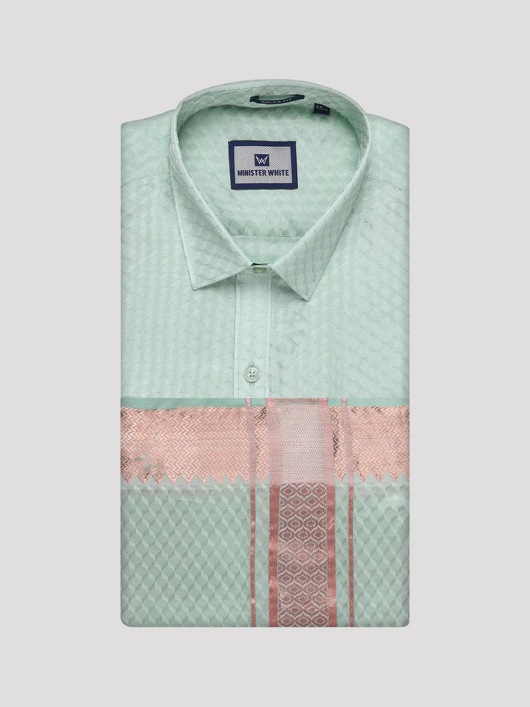 Men's Art Silk Pista Full Sleeves Shirt with 2 1/2" Copper Jari Border Dhoti Combo Nautica - Image 7