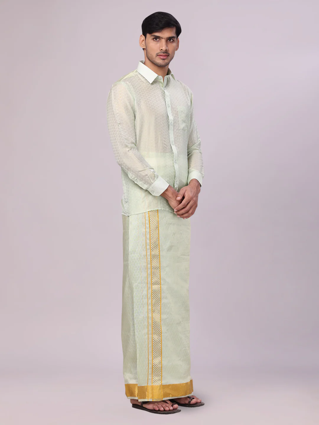 Men's Art Silk Jacquard Pista Full Sleeves Shirt with 2 1/2" Gold Jari Border & Towel Dhoti Combo Spruce - Image 3