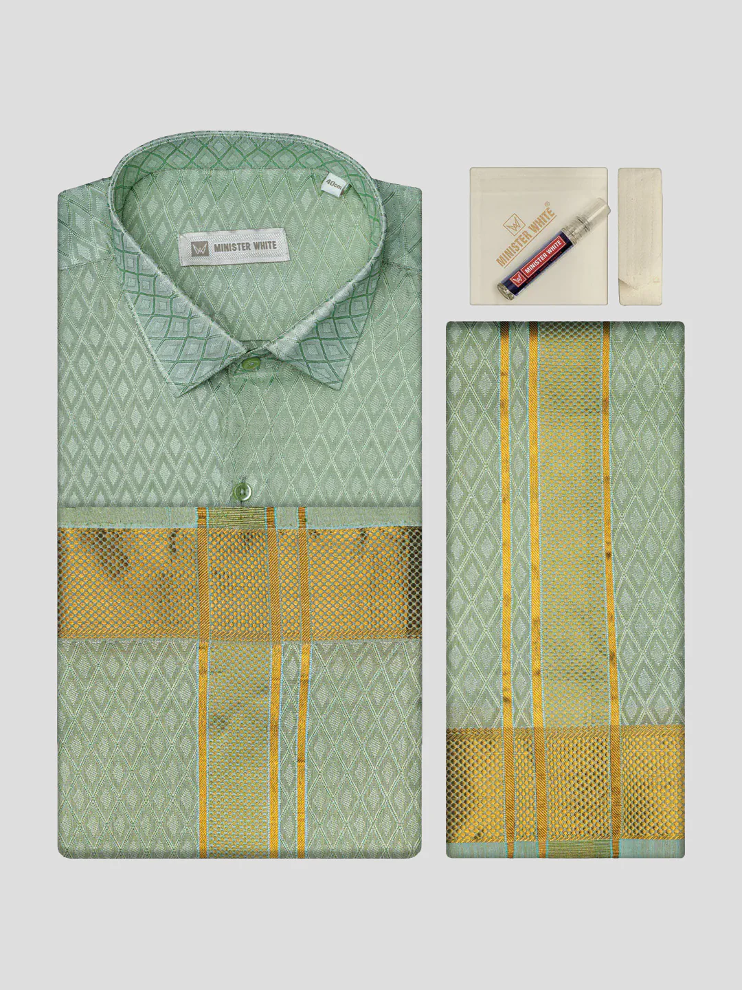 Mens Art Silk Pista Full Sleeves Shirt with 2 1/2" Gold Jari Border Dhoti & Towel Combo Spruce