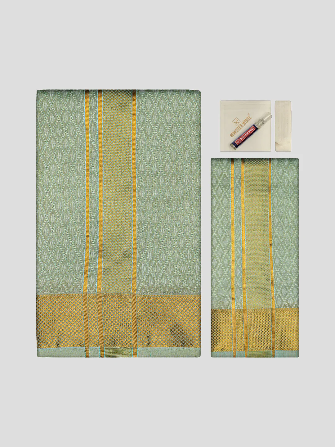 Mens Art Silk Pista Full Sleeves Shirt with 2 1/2" Gold Jari Border Dhoti & Towel Combo Spruce - Image 3