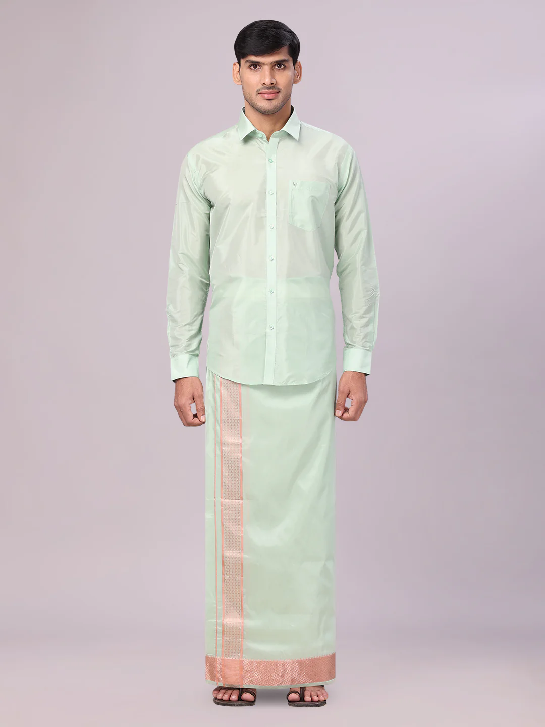 Men's Art Silk Pista Full Sleeves Shirt with 3 1/2" Lt.Copper Jari Border Dhoti Combo Mangal