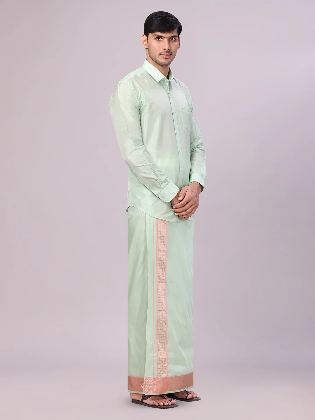 Men's Art Silk Pista Full Sleeves Shirt with 3 1/2" Lt.Copper Jari Border Dhoti Combo Mangal - Image 2