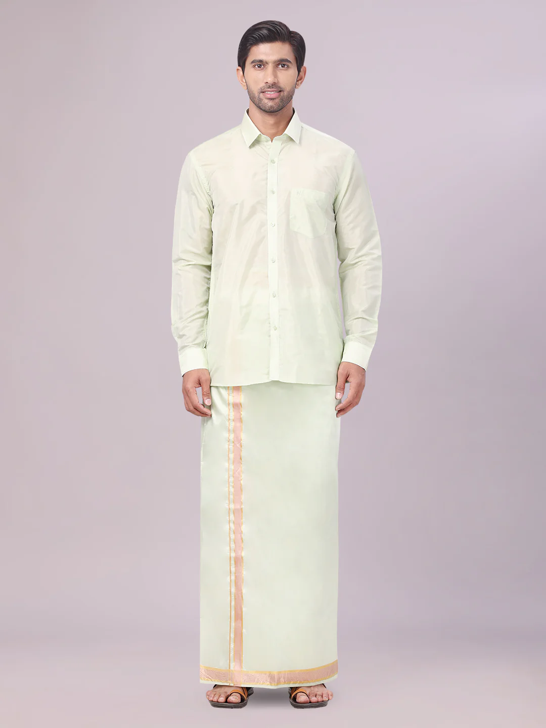 Mens Art Silk Pista Green Full Sleeves Shirt with Gold Jari Border Dhoti Combo Finesse