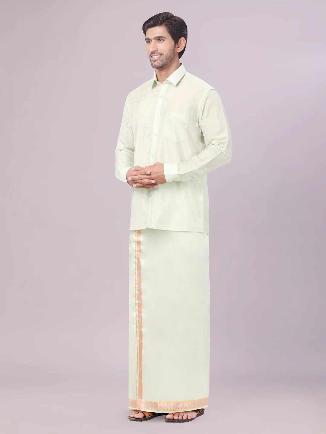 Mens Art Silk Pista Green Full Sleeves Shirt with Gold Jari Border Dhoti Combo Finesse - Image 2