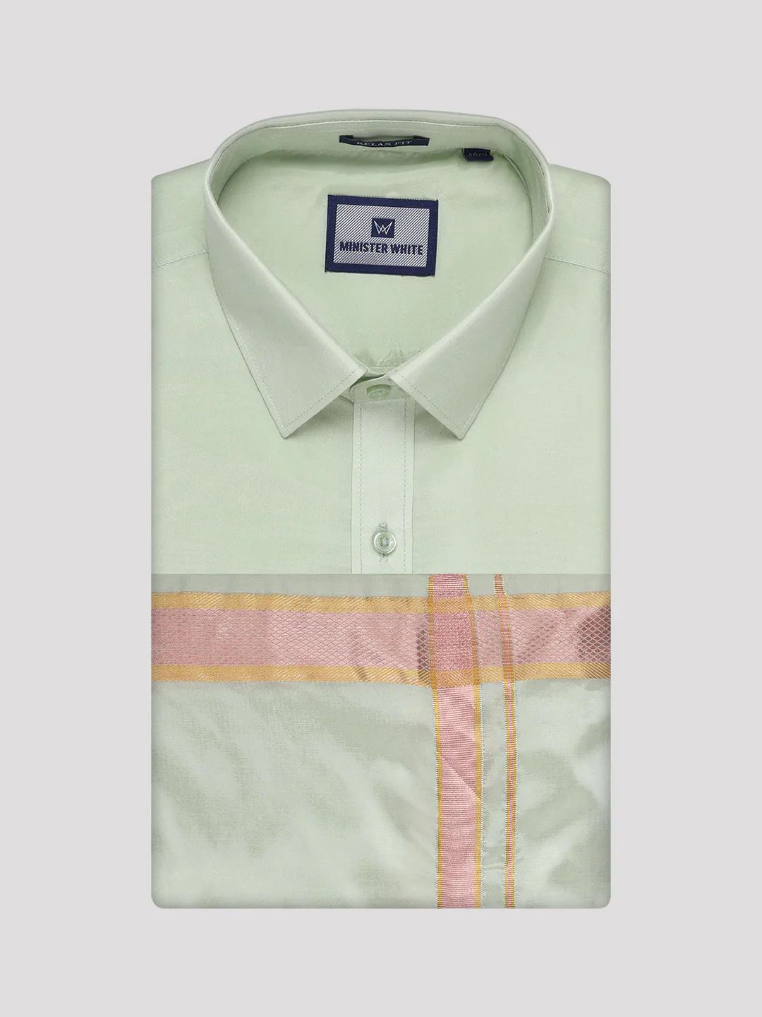 Mens Art Silk Pista Green Full Sleeves Shirt with Gold Jari Border Dhoti Combo Finesse - Image 7