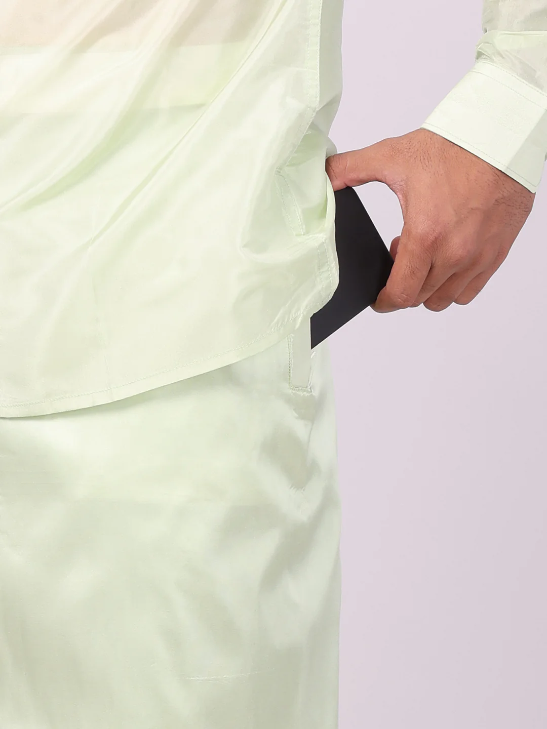 Mens Art Silk Pista Green Full Sleeves Shirt with Gold Jari Border Flexi Dhoti Combo Finesse - Image 2