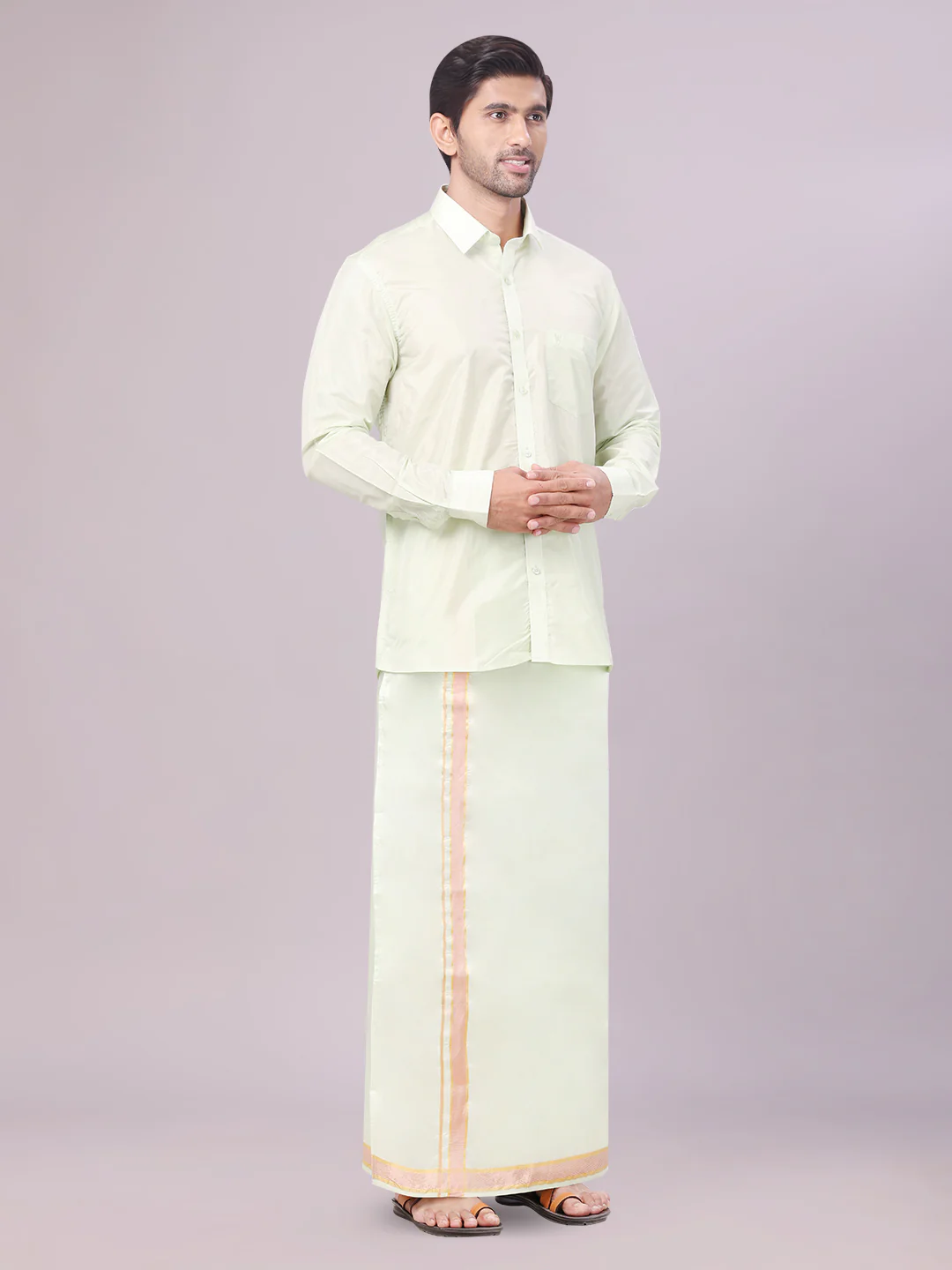 Mens Art Silk Pista Green Full Sleeves Shirt with Gold Jari Border Flexi Dhoti Combo Finesse - Image 3
