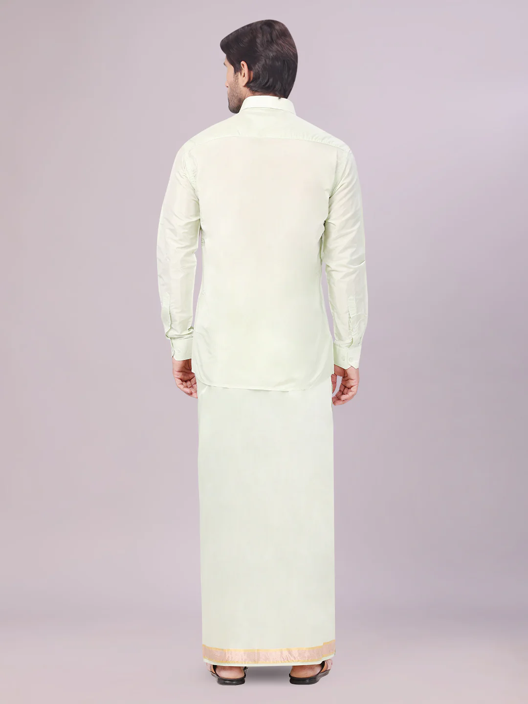 Mens Art Silk Pista Green Full Sleeves Shirt with Gold Jari Border Flexi Dhoti Combo Finesse - Image 5