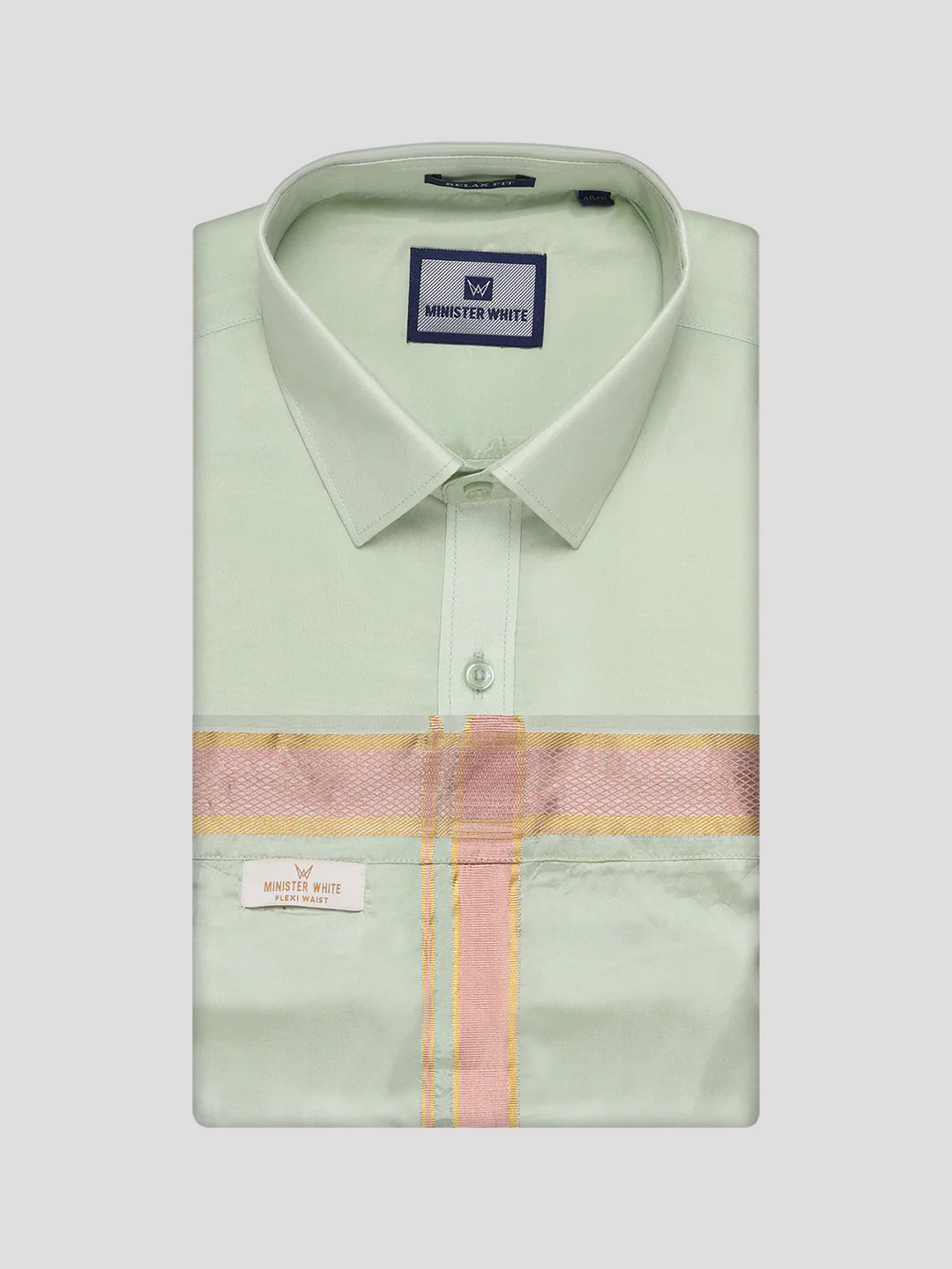 Mens Art Silk Pista Green Full Sleeves Shirt with Gold Jari Border Flexi Dhoti Combo Finesse - Image 8