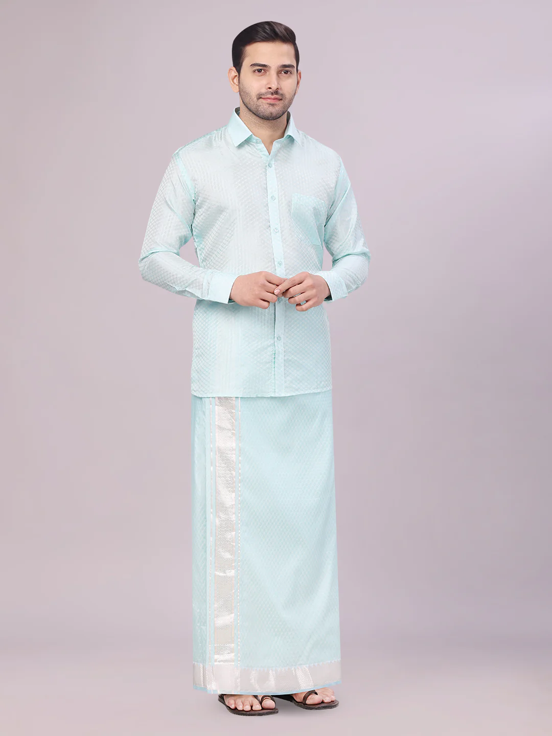 Mens Art Silk Sea Green Full Sleeves Shirt with 2 1/2" Silver Jari Border Dhoti Combo Nautica - Image 2