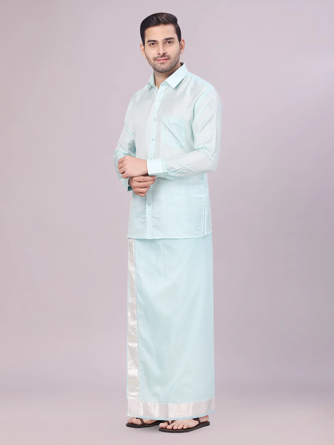 Mens Art Silk Sea Green Full Sleeves Shirt with 2 1/2" Silver Jari Border Dhoti Combo Nautica - Image 3