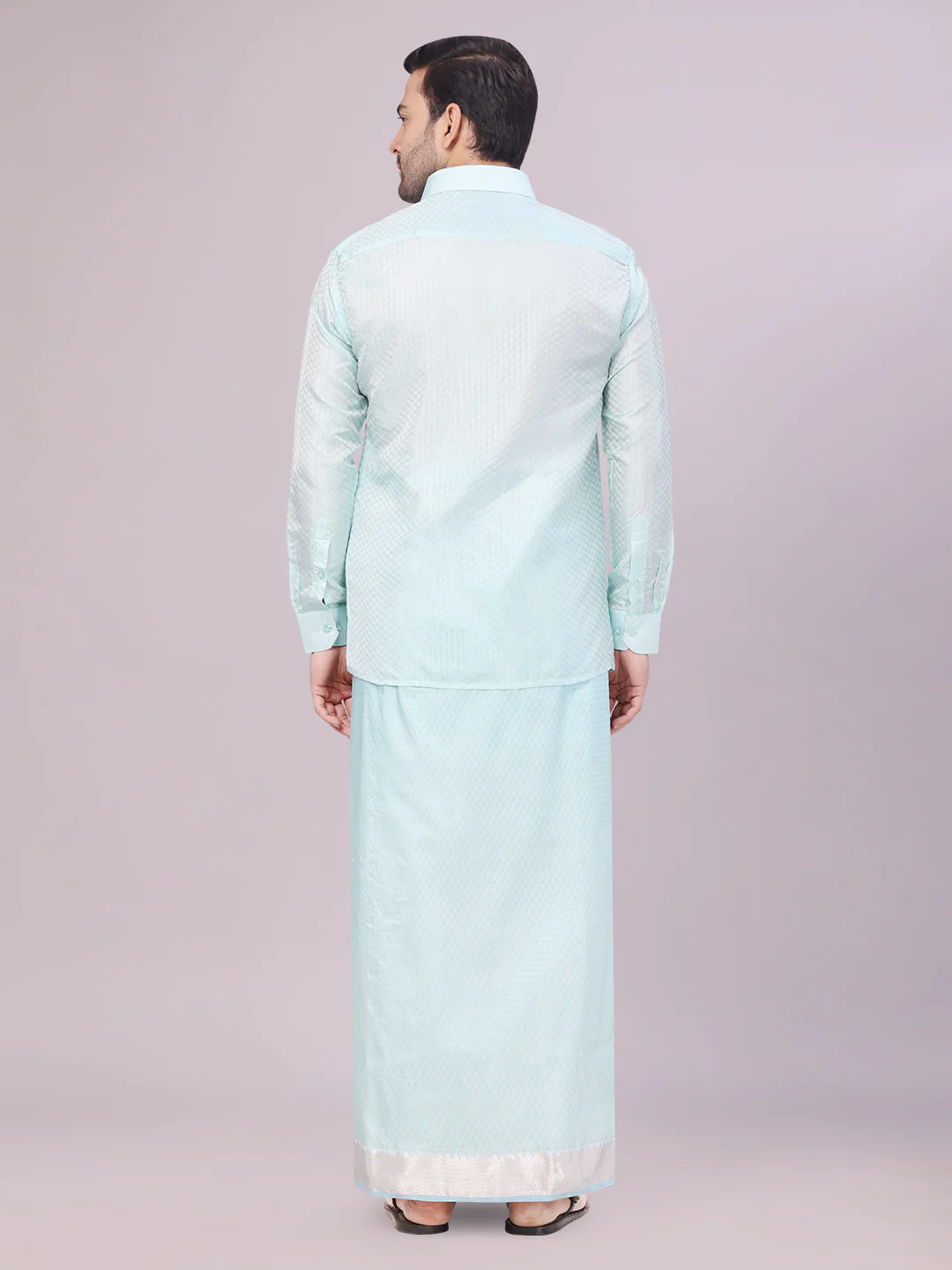 Mens Art Silk Sea Green Full Sleeves Shirt with 2 1/2" Silver Jari Border Dhoti Combo Nautica - Image 4