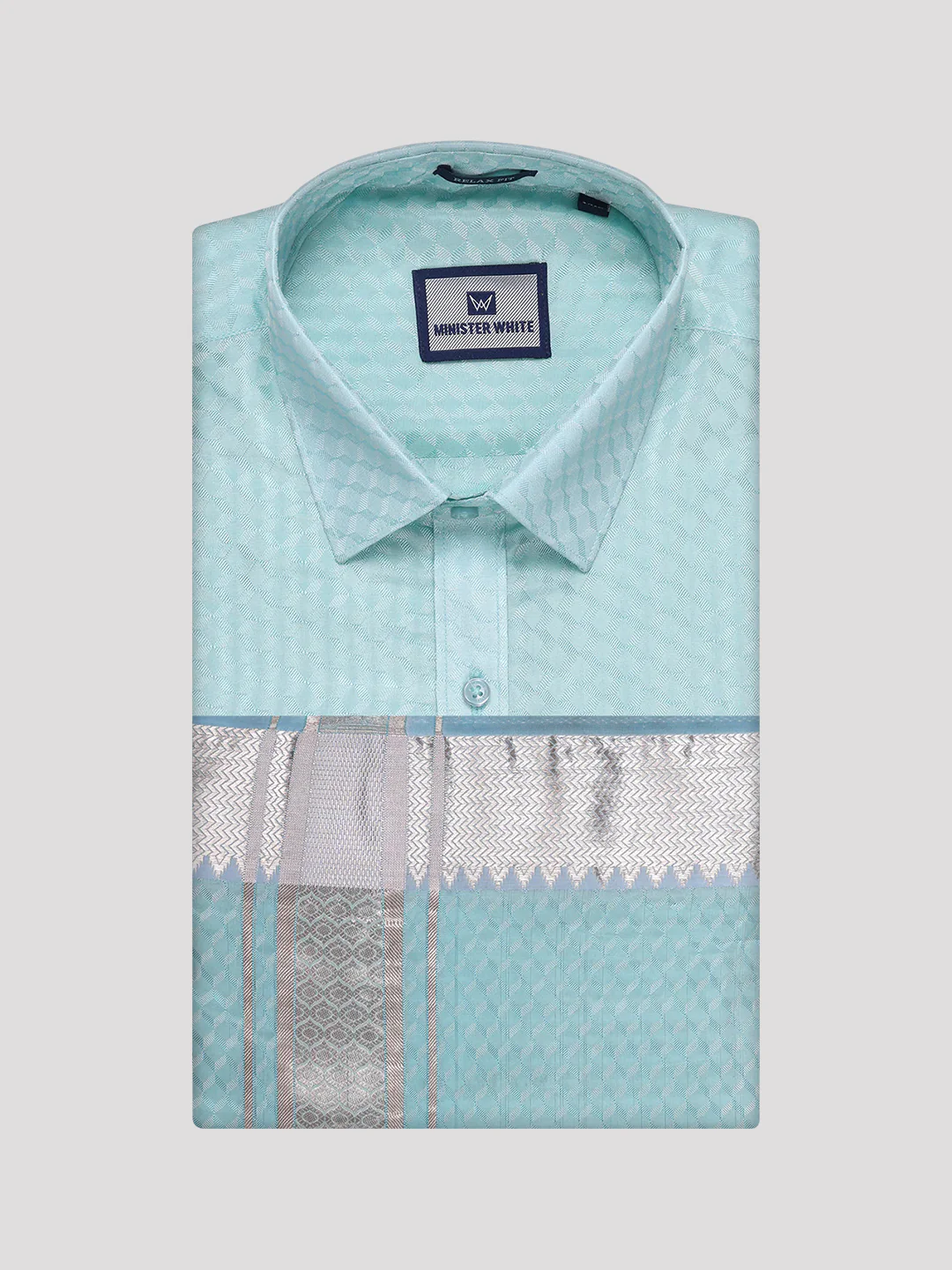 Mens Art Silk Sea Green Full Sleeves Shirt with 2 1/2" Silver Jari Border Dhoti Combo Nautica - Image 8