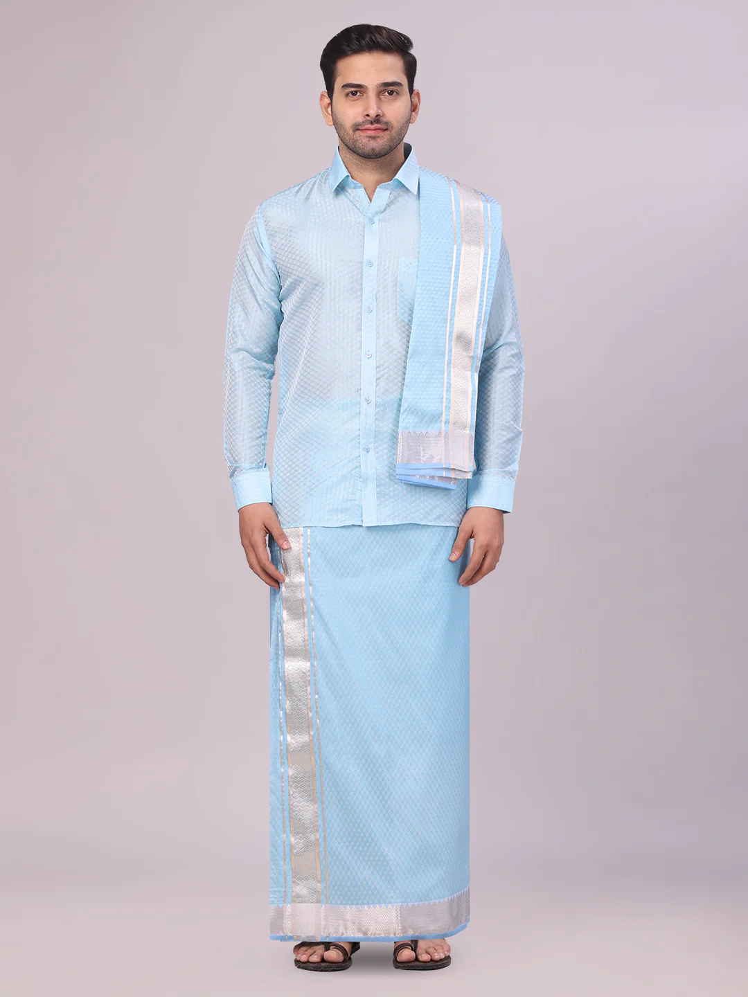 Men's Art Silk Sky Blue Jacquard Full Sleeves Shirt with 2 1/2" Jari Border Dhoti & Towel Combo Nautica