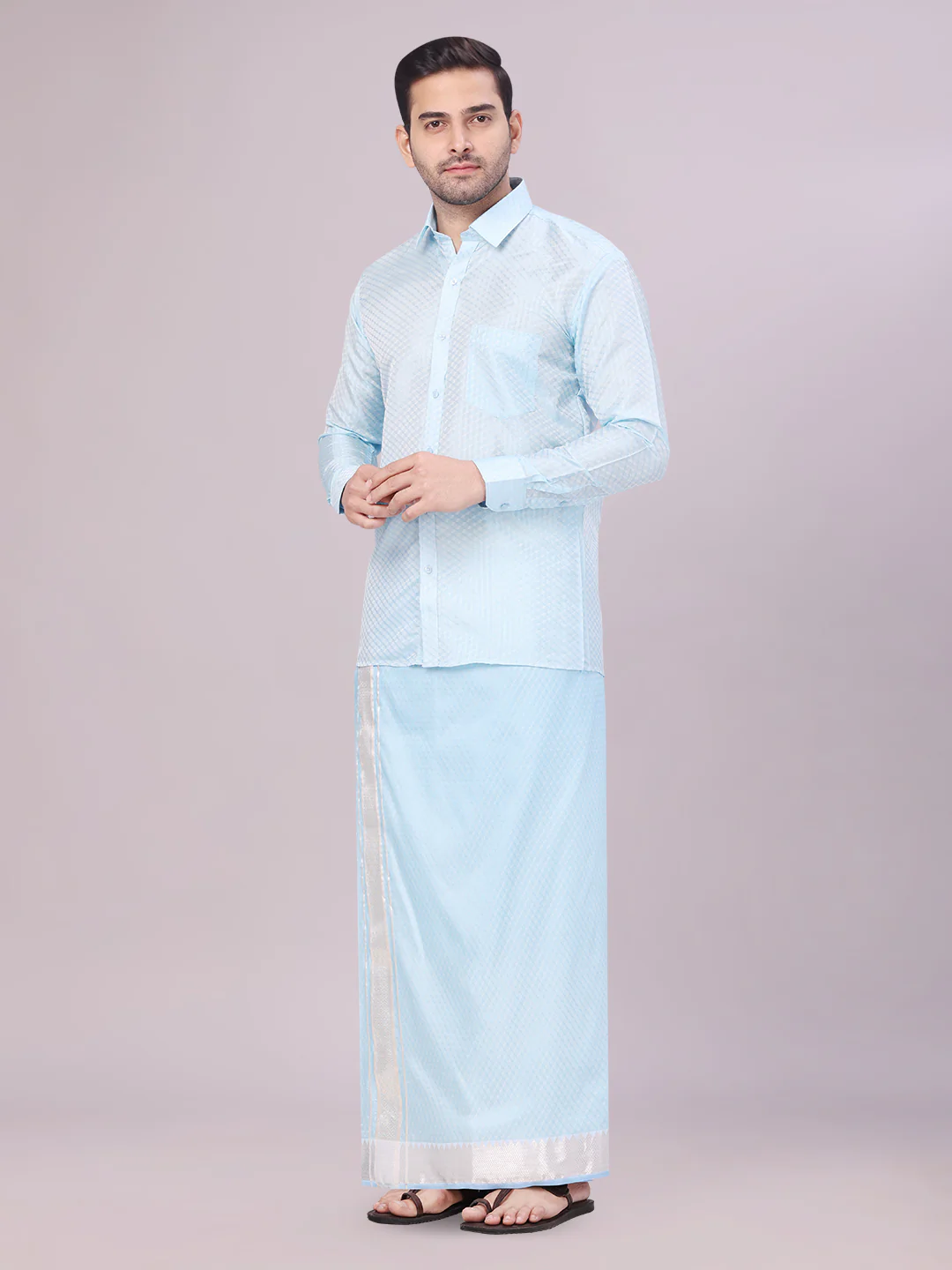 Men's Art Silk Sky Blue Jacquard Full Sleeves Shirt with 2 1/2" Jari Border Dhoti & Towel Combo Nautica - Image 3