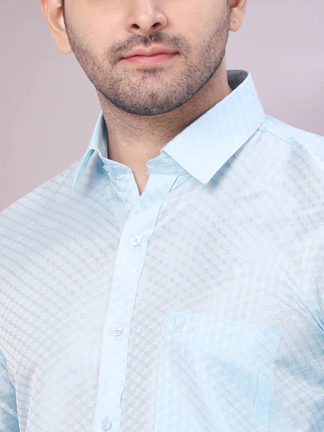 Men's Art Silk Sky Blue Jacquard Full Sleeves Shirt with 2 1/2" Jari Border Dhoti & Towel Combo Nautica - Image 6