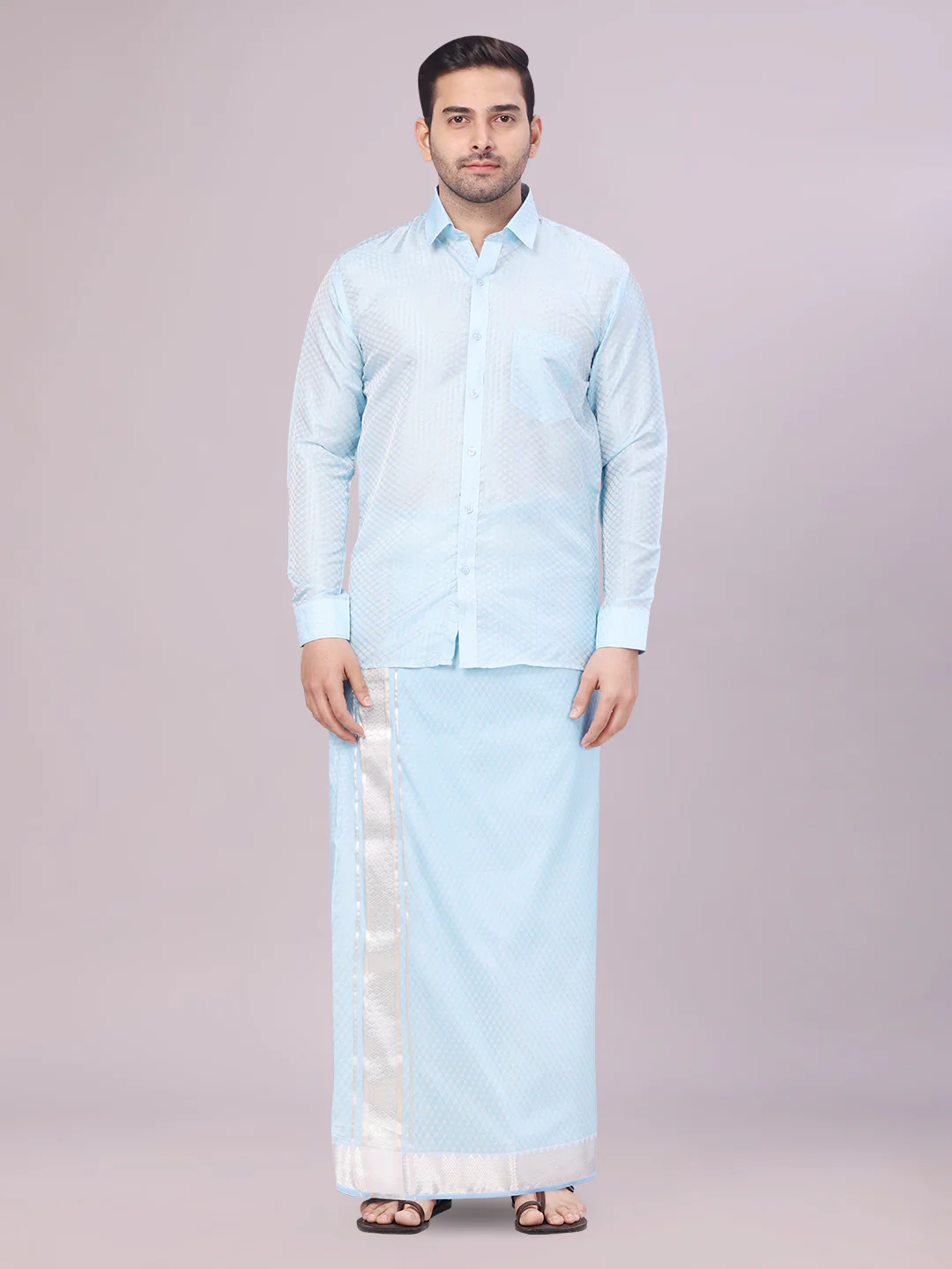 Men's Art Silk Sky Blue Jacquard Full Sleeves Shirt with 2 1/2" Jari Border Dhoti Combo Nautica
