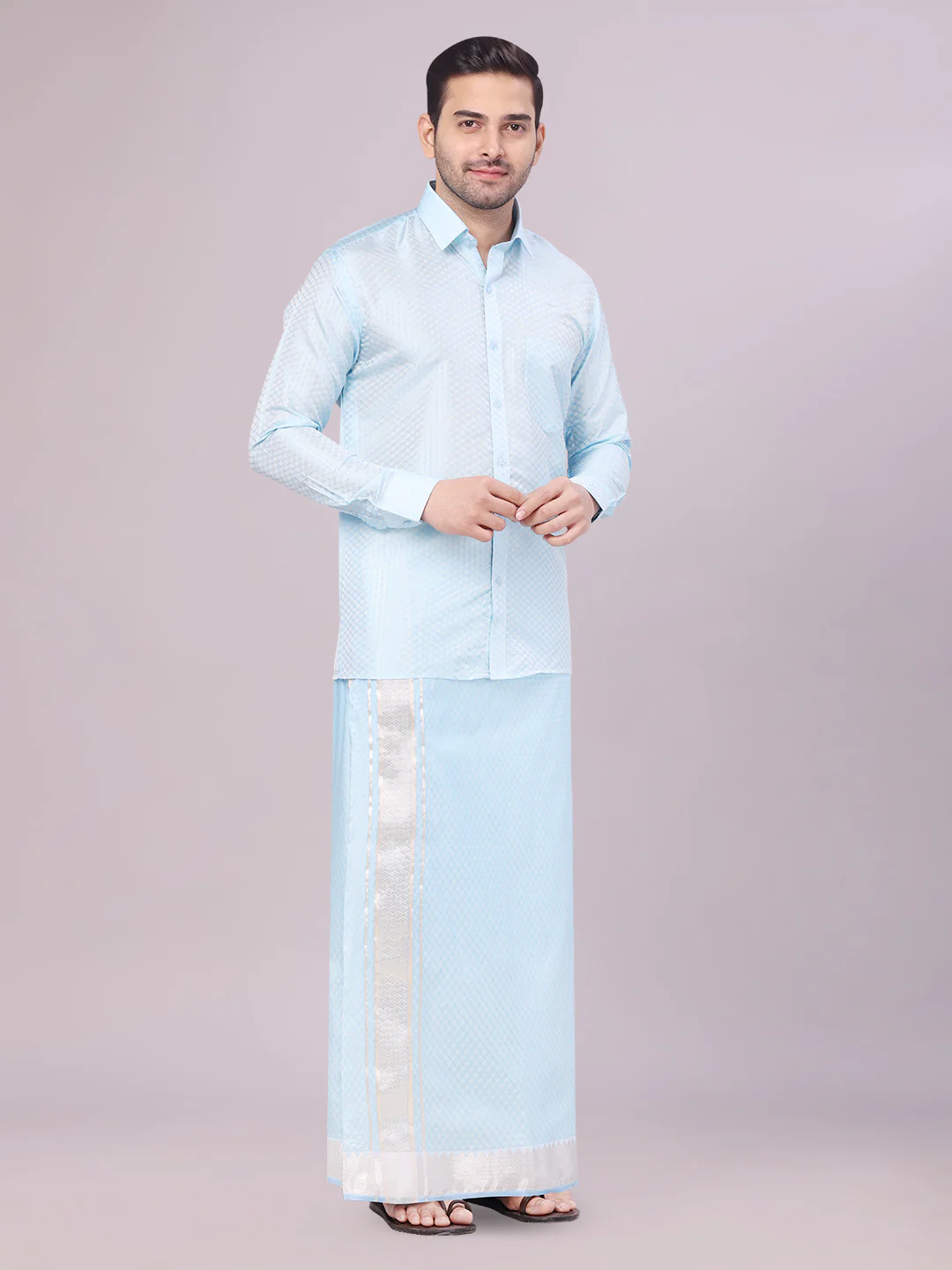 Men's Art Silk Sky Blue Jacquard Full Sleeves Shirt with 2 1/2" Jari Border Dhoti Combo Nautica - Image 2