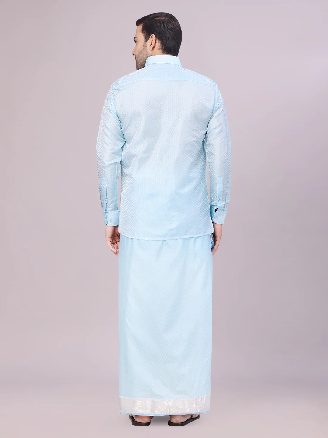 Men's Art Silk Sky Blue Jacquard Full Sleeves Shirt with 2 1/2" Jari Border Dhoti Combo Nautica - Image 4