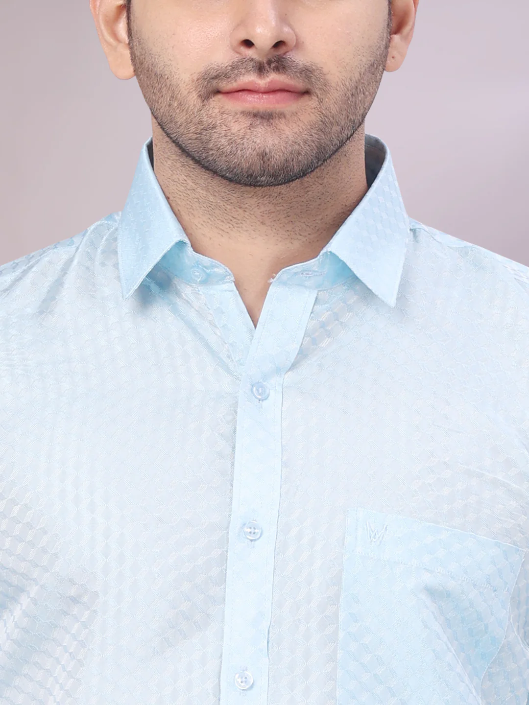 Men's Art Silk Sky Blue Jacquard Full Sleeves Shirt with 2 1/2" Jari Border Dhoti Combo Nautica - Image 6