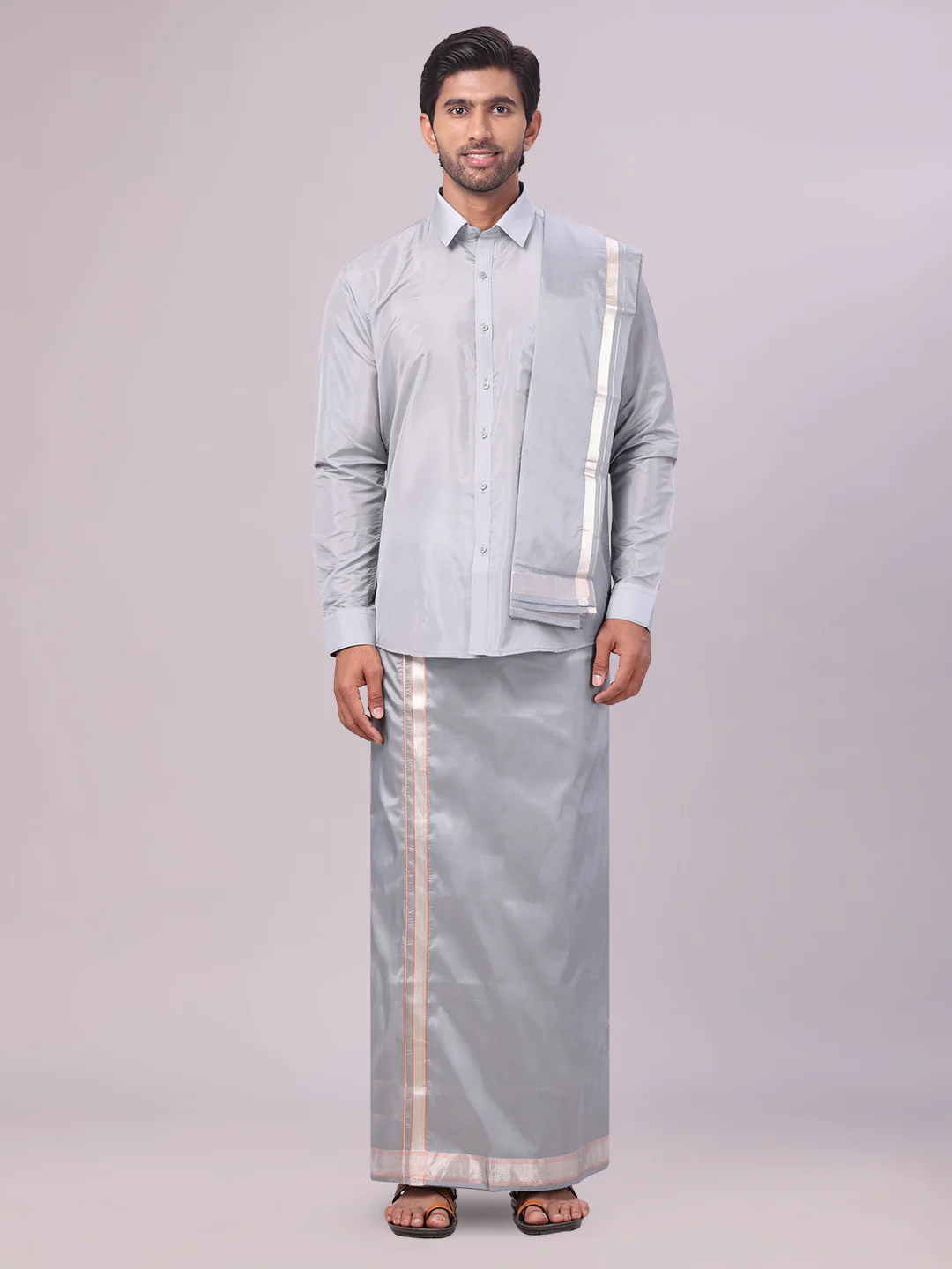 Mens Art Silk Steel Grey Full Sleeves Shirt with Gold Jari Border Dhoti & Towel Combo Blush