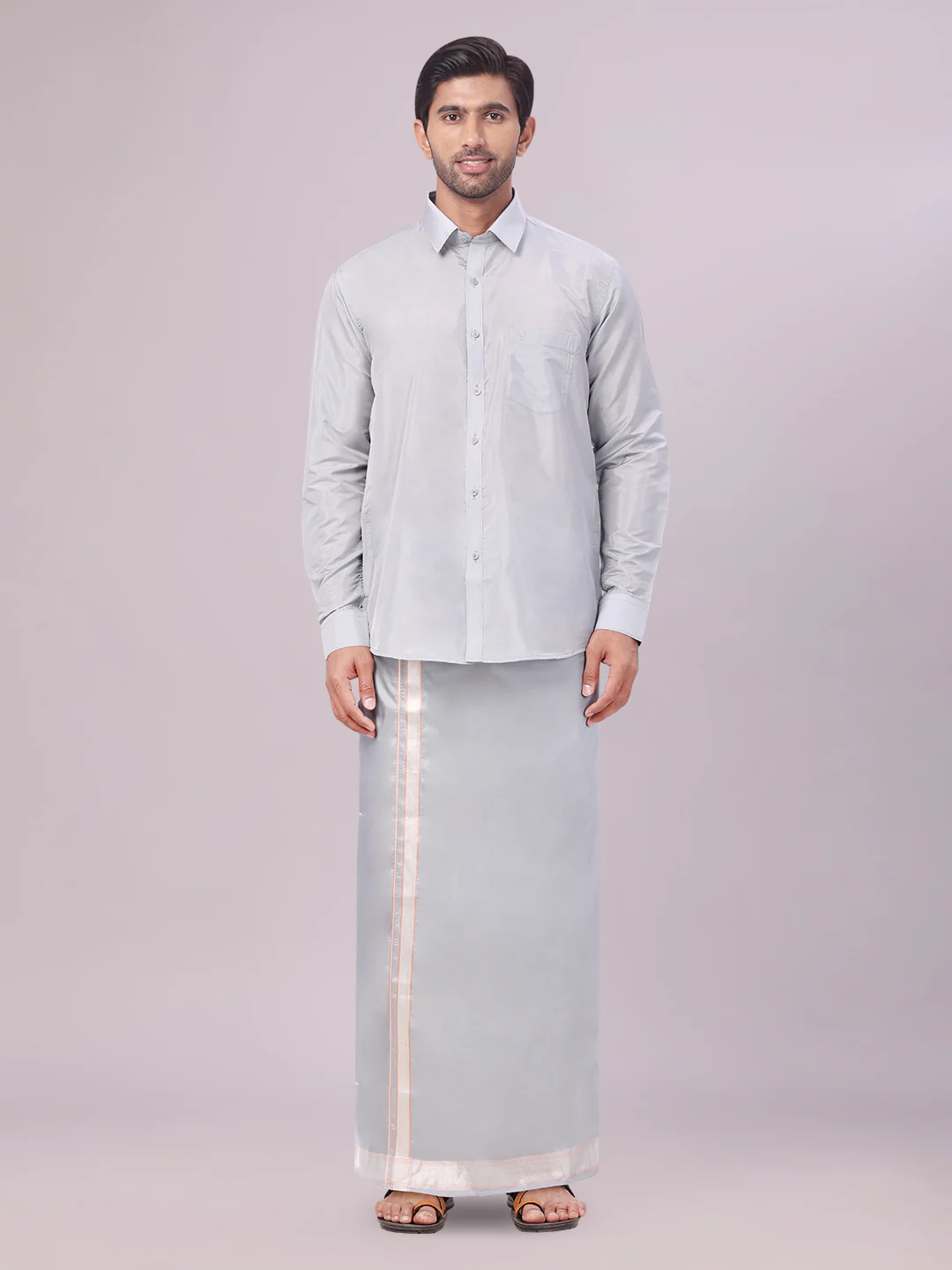Mens Art Silk Steel Grey Full Sleeves Shirt with Gold Jari Border Dhoti & Towel Combo Blush - Image 2
