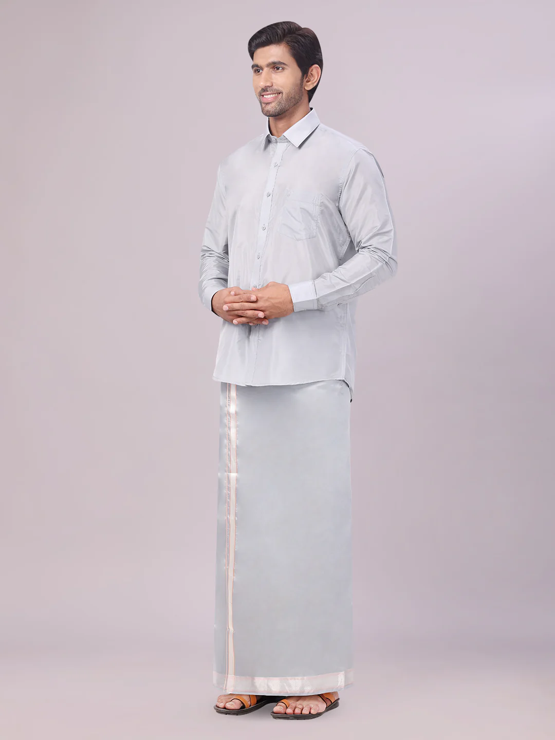 Mens Art Silk Steel Grey Full Sleeves Shirt with Gold Jari Border Dhoti & Towel Combo Blush - Image 3